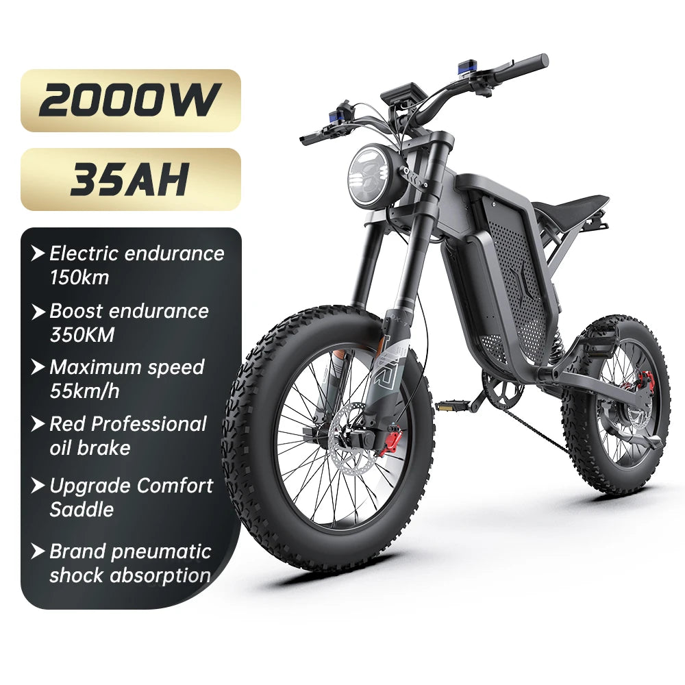 Adults Electric Bike 2000W 48V35AH 55km/h Battery Snow Electric Motorcycles 20“*4.0 Off Road Tyre Mountain Ebike