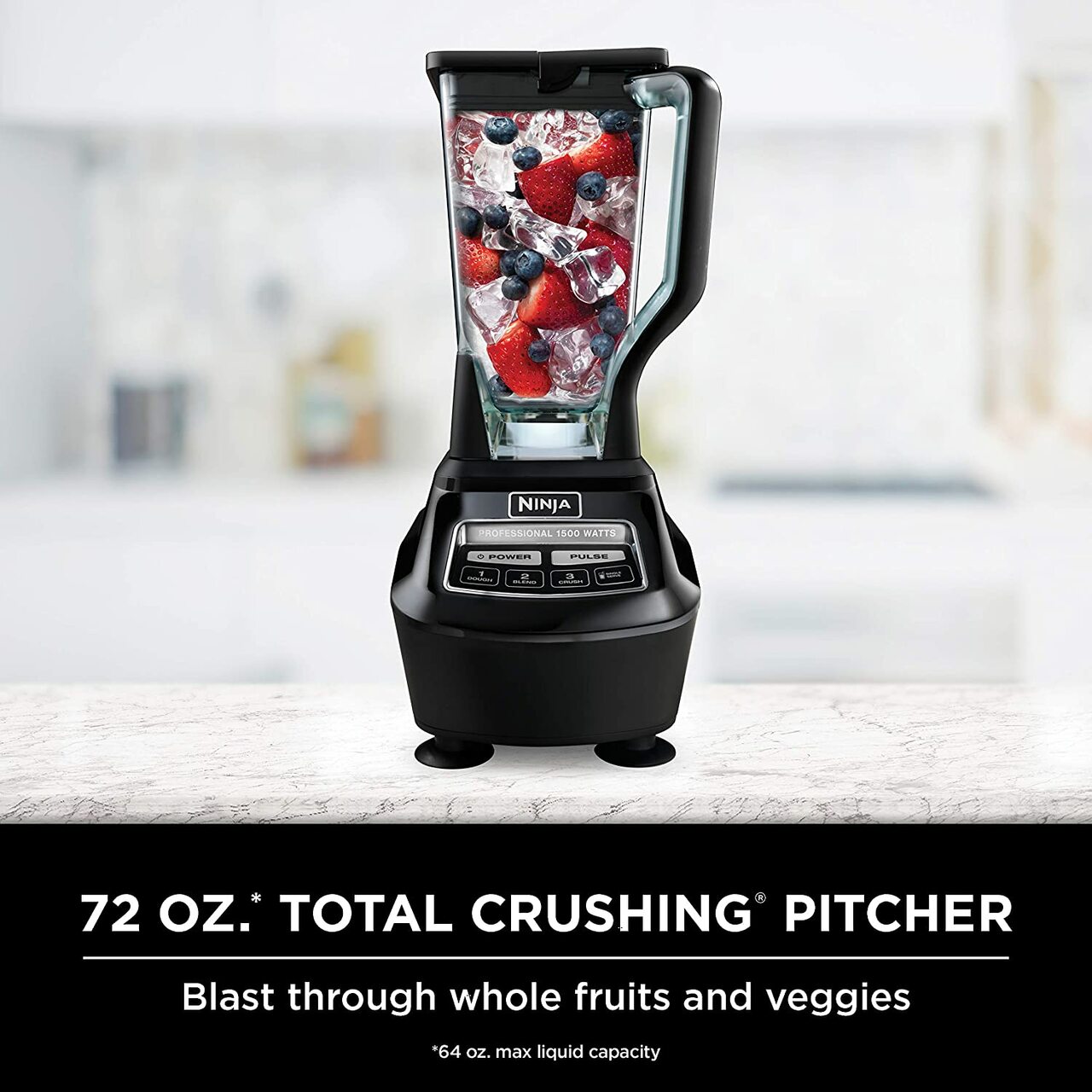 Mega Kitchen System and Blender with Total Crushing Pitcher, Food Processor Bowl, Dough Blade, To Go Cups, 1500-Watt Base, Black