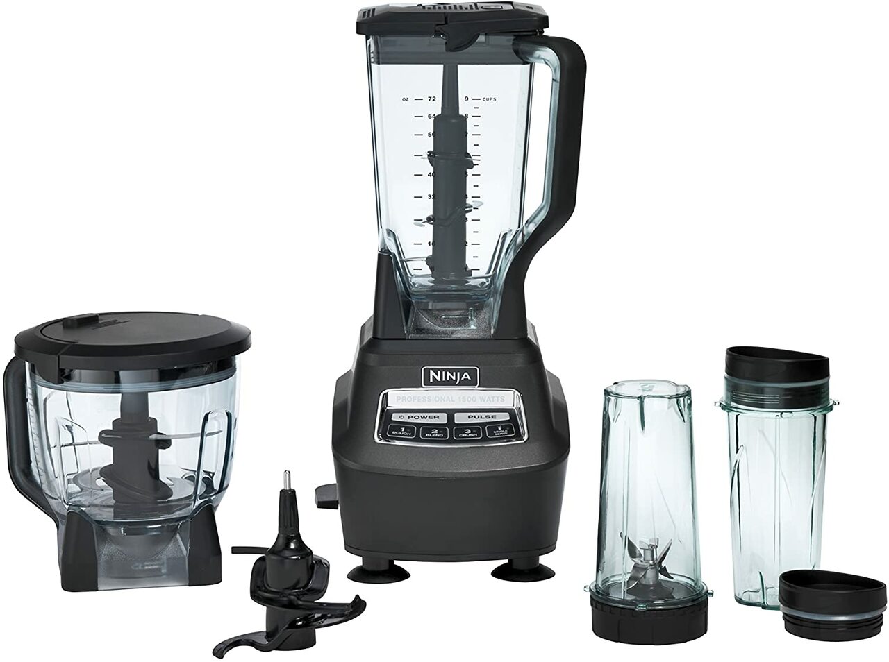 Mega Kitchen System and Blender with Total Crushing Pitcher, Food Processor Bowl, Dough Blade, To Go Cups, 1500-Watt Base, Black