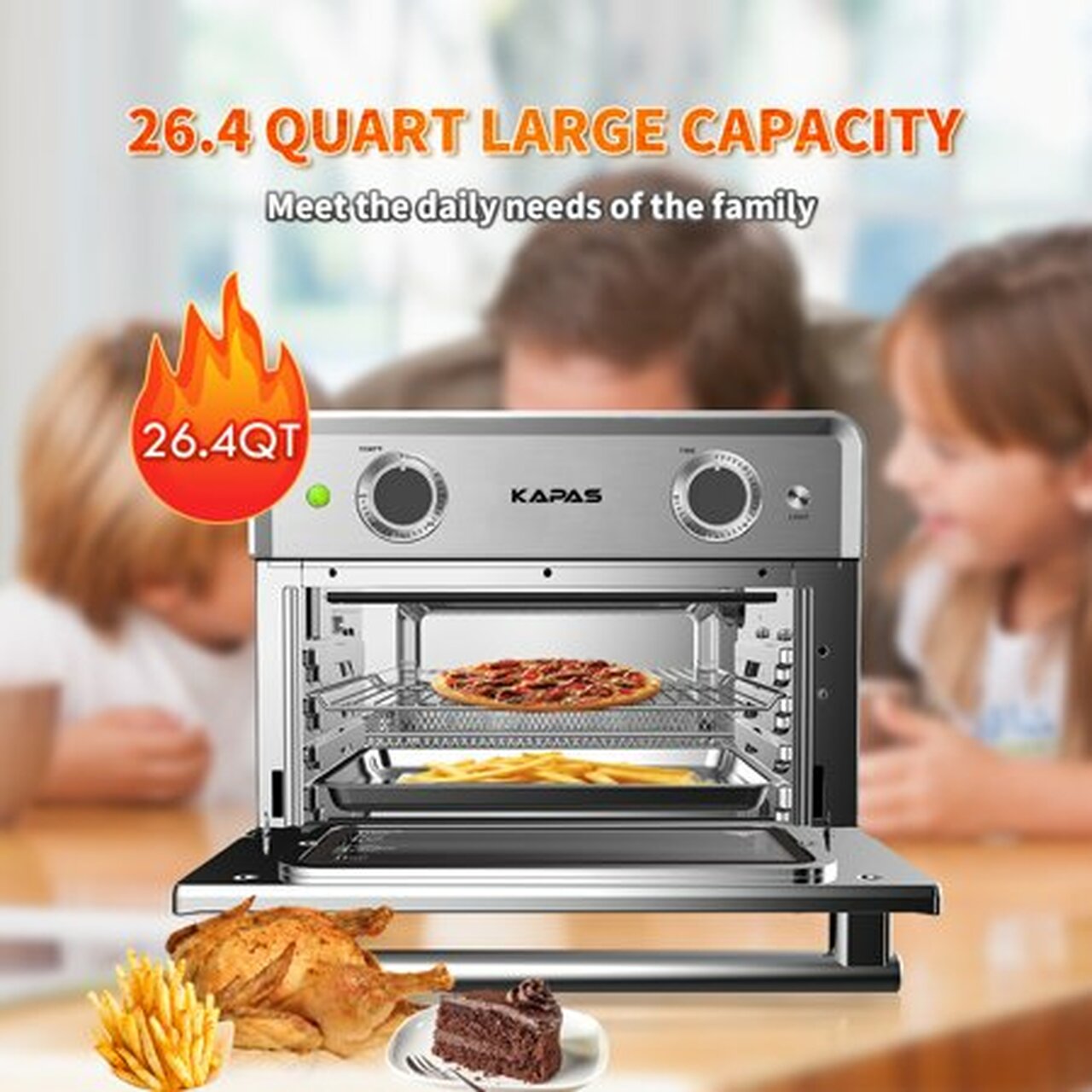 Smart Air Fryer Oven, 1800 W Stainless Steel 26.4 QT Super Big Capacity Toaster Oven with Practical Accessories
