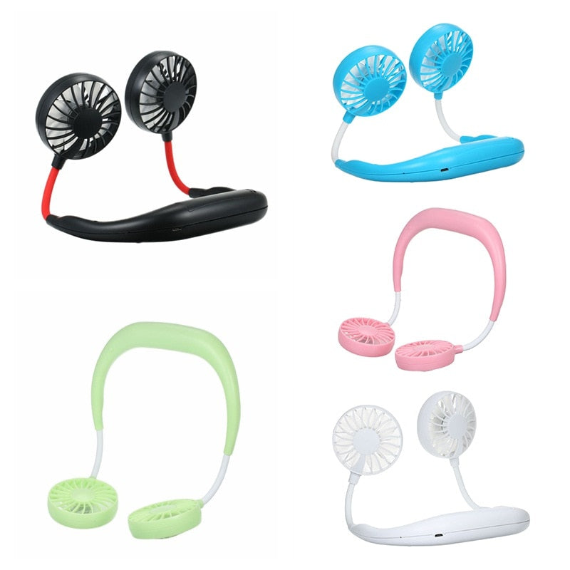 USB Rechargeable Wearable Portable Hand Free Neckband Fan Personal Mini Neck Double Fans 3 Speed Adjustable for Ourdoor